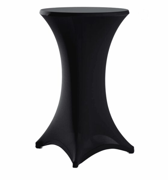 A NAPPE NOIRE POUR MANGE DEBOUT HAUT recouvre une table de cocktail haute et ronde, offrant un aspect ajusté pour un style épuré et moderne.