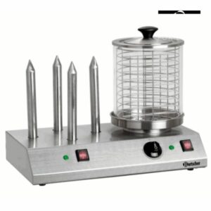 La MACHINE À HOT-DOGS est un cuiseur à vapeur en acier inoxydable doté de quatre pointes verticales pour réchauffer les petits pains, d'un récipient cylindrique en verre avec couvercle pour cuire les hot-dogs à la vapeur et de boutons de commande sur le panneau avant.