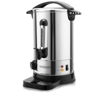 La MACHINE À CAFÉ 6,5 LITRES est une urne à café électrique en acier inoxydable avec poignée, bec verseur et base noirs, ainsi qu'un indicateur de niveau d'eau à l'avant, un bouton de commande et des voyants lumineux.