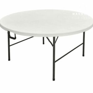 La TABLE TRAITEUR RONDE 120 cm est une table pliante ronde en plastique blanc avec des pieds en métal noir, présentée sur un fond blanc uni.