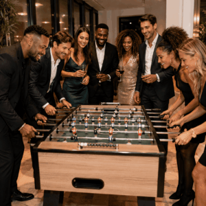 Huit personnes en tenue de soirée sont rassemblées autour d'une table de baby-foot ; elles sourient et jouent ensemble lors d'un événement en salle, un verre à la main, tout en profitant de l'ambiance animée.