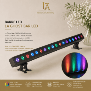 Une BARRE À LED TRICOLORES noire, dotée de 18 lumières multicolores, repose sur une surface beige. En dessous, quatre faisceaux lumineux éclatants sont projetés sur le mur, mettant en valeur les effets lumineux de la barre. Un texte met en avant les caractéristiques du produit.