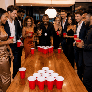 Un groupe de personnes en tenue de soirée s'amuse à jouer au BEER PONG autour d'une table en bois avec des gobelets rouges ; elles sourient et rient ensemble dans un décor intérieur moderne.