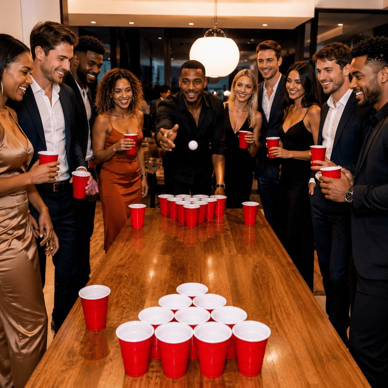 Un groupe de personnes en tenue de soirée s'amuse à jouer au BEER PONG autour d'une table en bois avec des gobelets rouges ; elles sourient et rient ensemble dans un décor intérieur moderne.