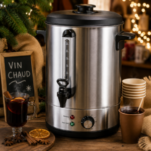 Une bouilloire et un distributeur de vin chaud trônent sur une table, à côté de gobelets en papier, d’un verre de vin chaud agrémenté de rondelles d’orange séchées et de bâtons de cannelle, ainsi que d’une ardoise sur laquelle on peut lire « Vin chaud ». Des guirlandes lumineuses aux couleurs chaudes et une branche de sapin créent un décor festif.