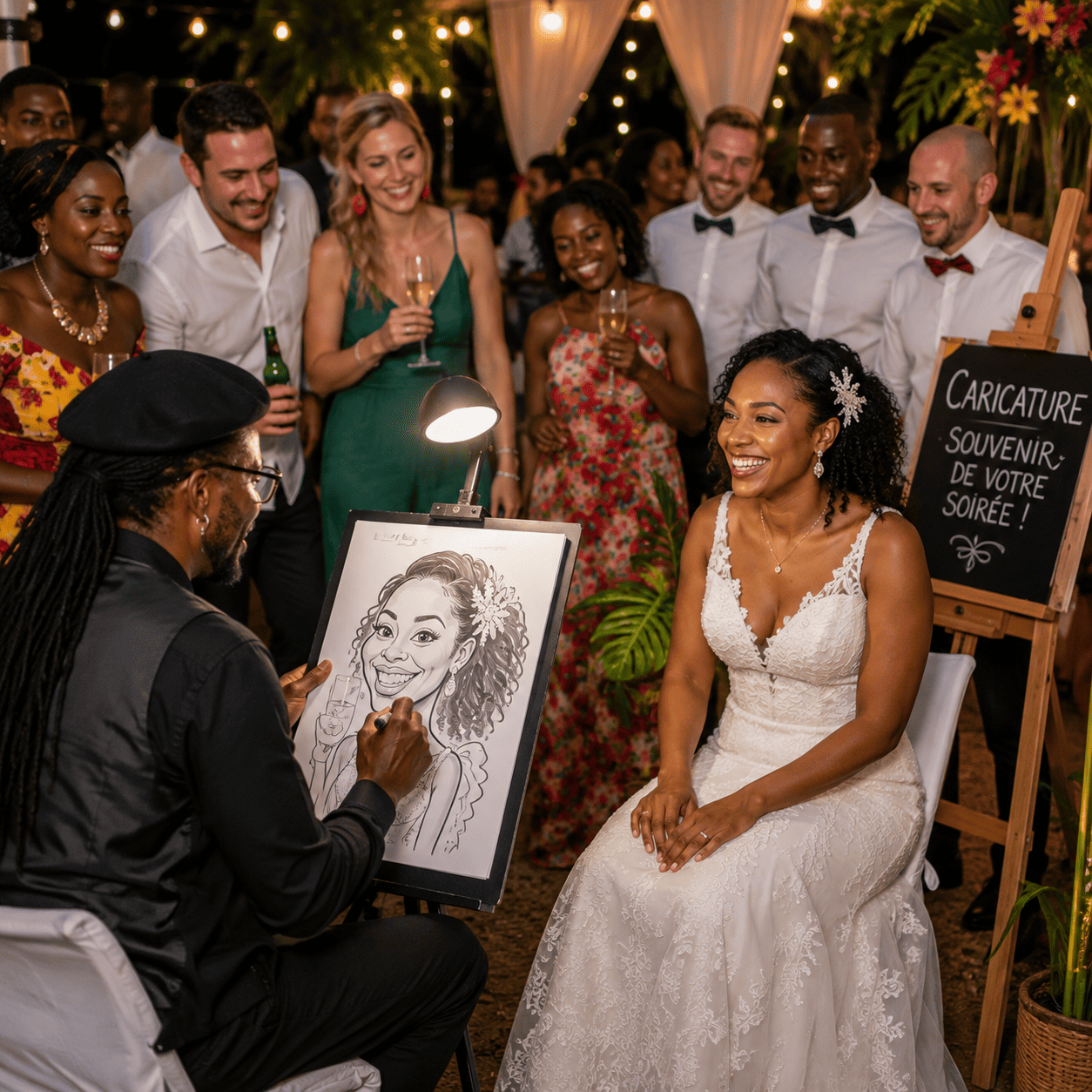 Une mariée en robe blanche sourit tandis qu'un artiste de « UN CARICATURISTE (durée 1 h 30) » dessine sa caricature. Des invités en tenue de soirée se tiennent autour d'elle, riant et observant la scène. Des guirlandes lumineuses sont suspendues au-dessus de leurs têtes, et une pancarte en français vante les souvenirs caricaturaux proposés par UN CARICATURISTE.