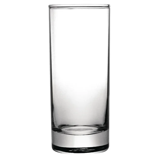 Un verre cylindrique transparent et vide du RACK DE 36 TUMBLERS EN VERRE se tient debout sur un fond blanc uni.