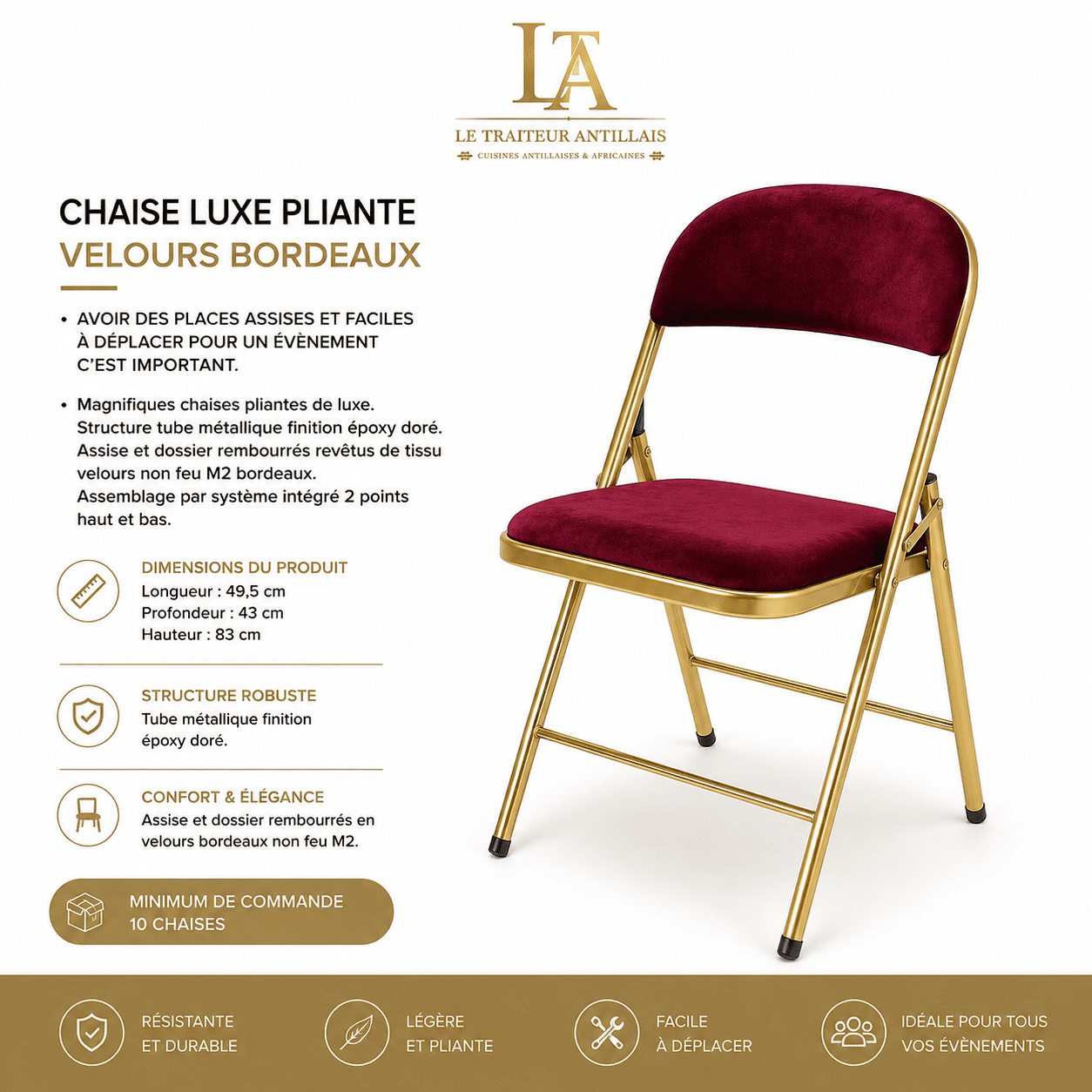 CHAISE LUXE PLIANTE EN VELOURS BORDEAUX avec structure en métal doré, présentée avec la description du produit en français, des icônes mettant en avant le confort, la portabilité, l’élégance et la durabilité, ainsi que le logo « Le Traiteur Antillais » en haut.