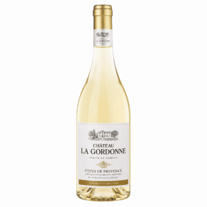 Une bouteille de 75 cl de CHÂTEAU LA GORDONNE LA CHAPELLE GORDONNE BLANC, ornée d'une capsule dorée et d'une étiquette blanche comportant un texte en noir et l'illustration d'un bâtiment.