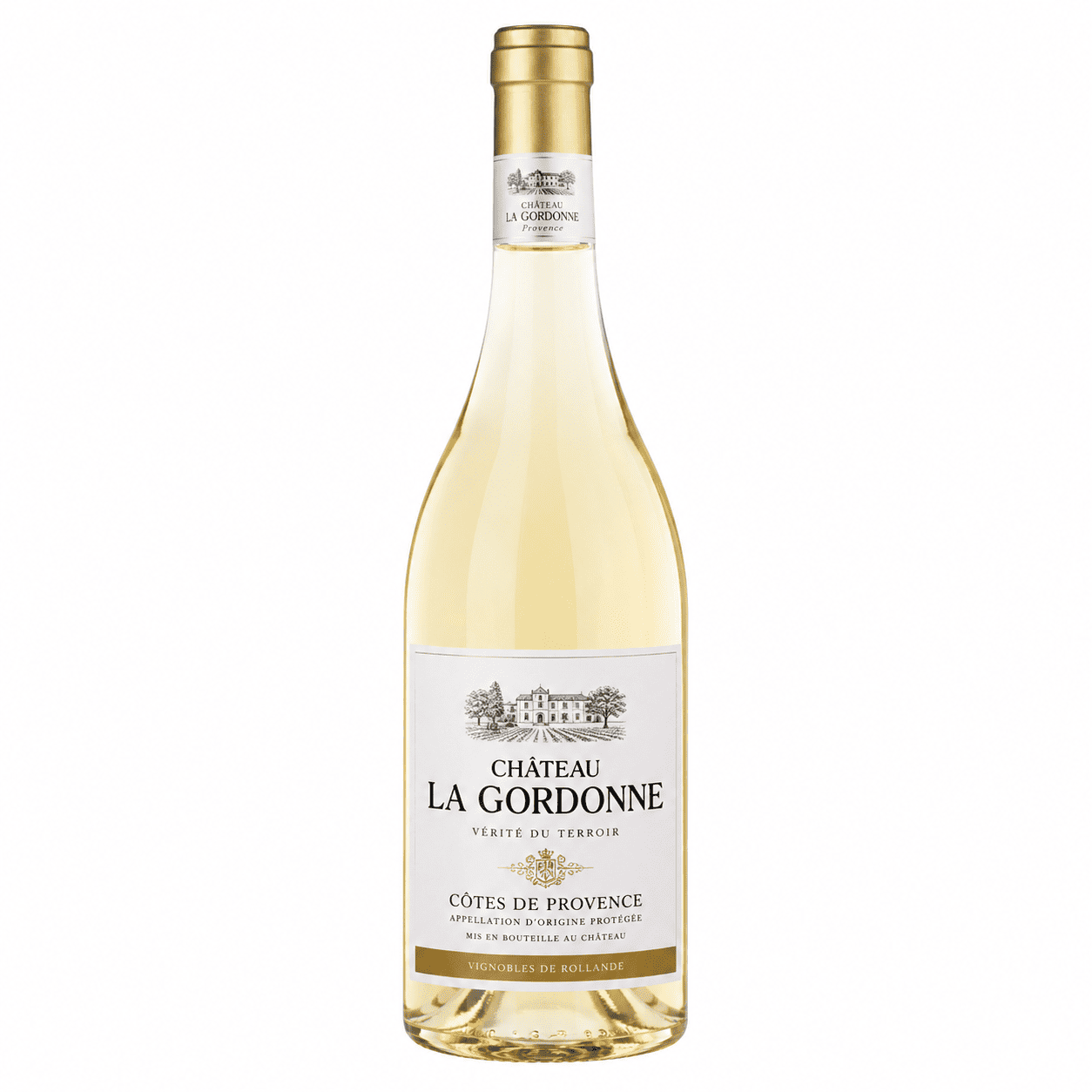 Une bouteille de 75 cl de CHÂTEAU LA GORDONNE LA CHAPELLE GORDONNE BLANC, ornée d'une capsule dorée et d'une étiquette blanche comportant un texte en noir et l'illustration d'un bâtiment.