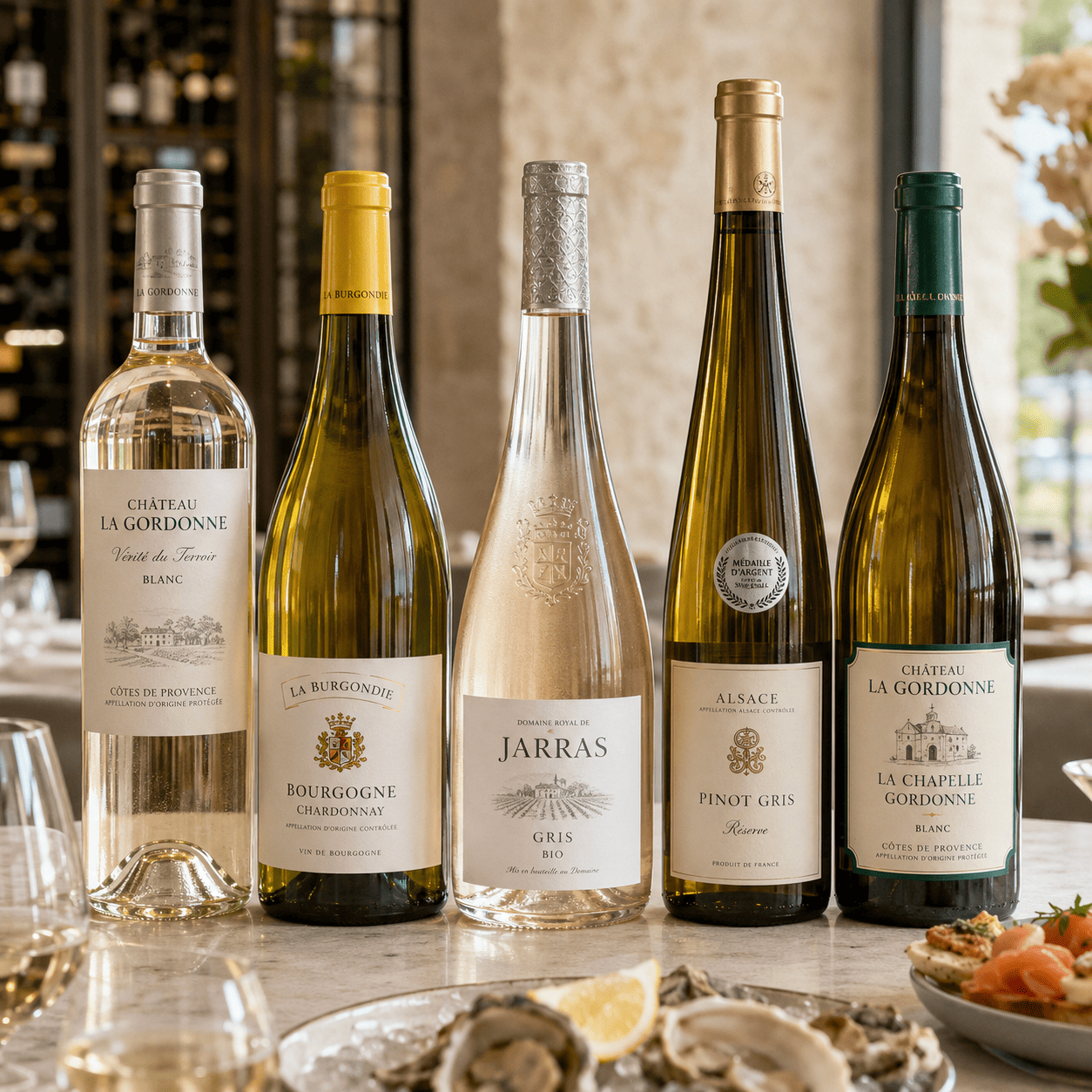 Cinq bouteilles de « CHOISISSEZ UN VIN BLANC POUR VOTRE ÉVÉNEMENT » sont alignées sur une table, avec au premier plan des huîtres, des quartiers de citron et des verres à vin, tandis qu'une cave à vin est visible à l'arrière-plan.