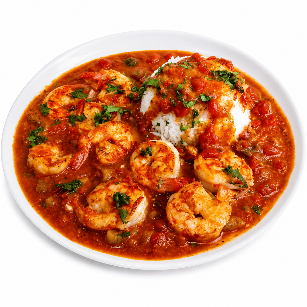 CREVETTES CRÉOLES : Des crevettes mijotées dans une sauce tomate aux herbes, servies avec un dôme de riz blanc et nappées de sauce (Commande minimum : 5 portions - 250 g par portion).