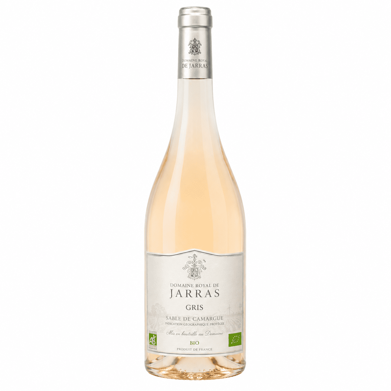 Une bouteille en verre transparent de vin rosé « DOMAINE ROYAL DE JARRAS GRIS IGP SABLE DE CAMARGUE BIO » de 75 cl, d'une teinte rose pâle. L'étiquette blanche présente des touches argentées et vertes ainsi qu'un texte détaillé, comprenant notamment la mention « Produit en France ».