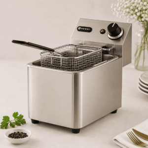 La friteuse de comptoir « FRITEUSE » en acier inoxydable, dotée d'un panier en filet et d'un bouton de réglage, est présentée sur une surface claire aux côtés d'herbes aromatiques, de grains de poivre, d'assiettes blanches, de couverts et d'un vase de fleurs.