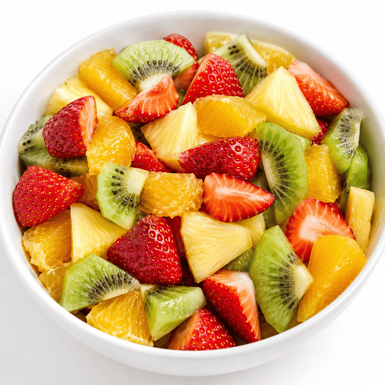 Un bol blanc contenant une SALADE DE 4 FRUITS DE SAISON (250 g) — un mélange coloré de fraises coupées en tranches, de kiwis, d'oranges et de morceaux d'ananas — sur fond blanc.