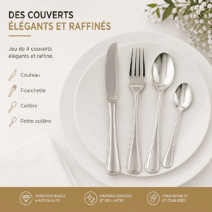 Lot de « JEU DE 4 COUVERTS » — couteau, fourchette, cuillère et petite cuillère — soigneusement disposés sur une assiette blanche ornée d'étiquettes en français. Le texte décrit ces couverts comme élégants et raffinés, tandis que des icônes soulignent leur qualité et leur confort.