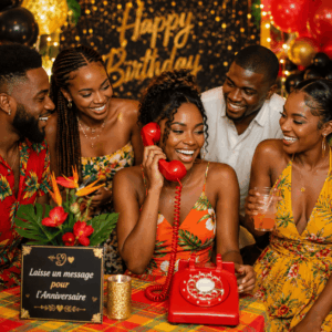 Cinq personnes fêtent un anniversaire, souriantes, autour d’une femme qui utilise le LIVRE D’OR AUDIO. On aperçoit des décorations de fête, des ballons et une pancarte « Joyeux anniversaire », ainsi qu’un panneau d’affichage en français et des compositions florales aux couleurs vives.