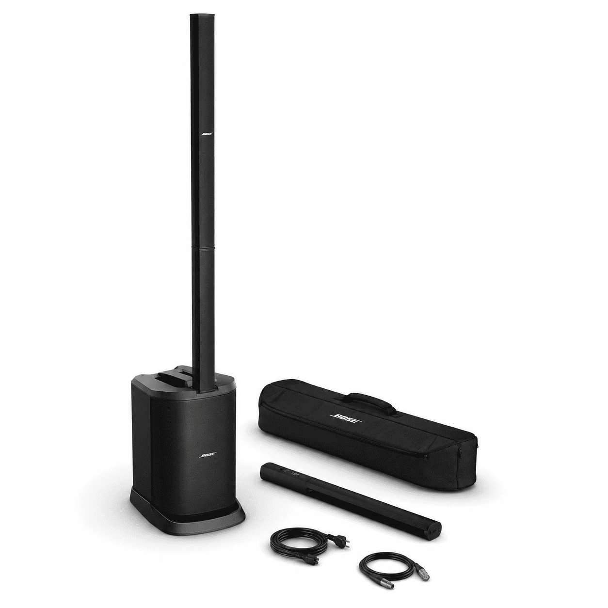 Système d'enceintes portables BOSE L1, composé d'une colonne d'enceintes haute, d'un socle, de deux câbles, d'une housse de transport et d'un module d'enceinte supplémentaire, le tout présenté sur un fond blanc.