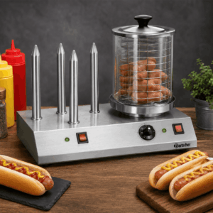Une MACHINE À HOT-DOGS remplie de hot-dogs trône sur le comptoir, entourée de petits pains, de condiments, de bouteilles de moutarde et de ketchup, ainsi que d'une petite plante en pot.
