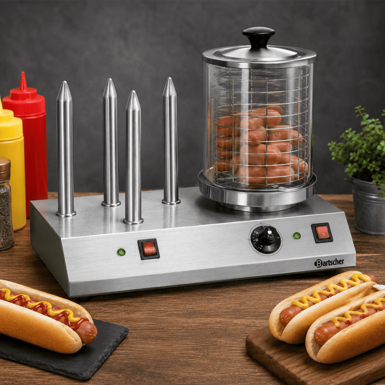 Une MACHINE À HOT-DOGS remplie de hot-dogs trône sur le comptoir, entourée de petits pains, de condiments, de bouteilles de moutarde et de ketchup, ainsi que d'une petite plante en pot.