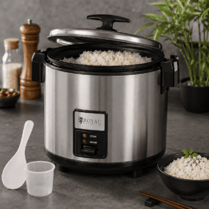 Une MACHINE À RIZ remplie de riz cuit à la perfection trône sur le plan de travail de la cuisine. À proximité se trouvent une spatule à riz, un verre doseur, un bol de riz, des baguettes et des ingrédients tels que du sel et du poivre.
