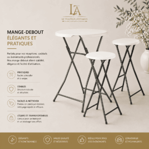 On y voit trois tables rondes sur pied « MANGE DEBOUT HAUT 110 cm » de couleur blanche, dotées de pieds en métal noir ; sur le fond beige, un texte met en avant leur élégance, leur stabilité, leur facilité d'entretien et leur portabilité. Des icônes et une plante apportent une touche décorative à la composition.
