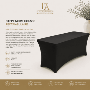 Une nappe noire rectangulaire extensible de 60 cm de largeur sur 200 cm de longueur recouvre élégamment une table rectangulaire ; elle est accompagnée d'un descriptif détaillant ses dimensions, son tissu extensible de haute qualité et ses avantages pratiques. Le fond beige orné de feuilles décoratives met en valeur le logo placé en haut.