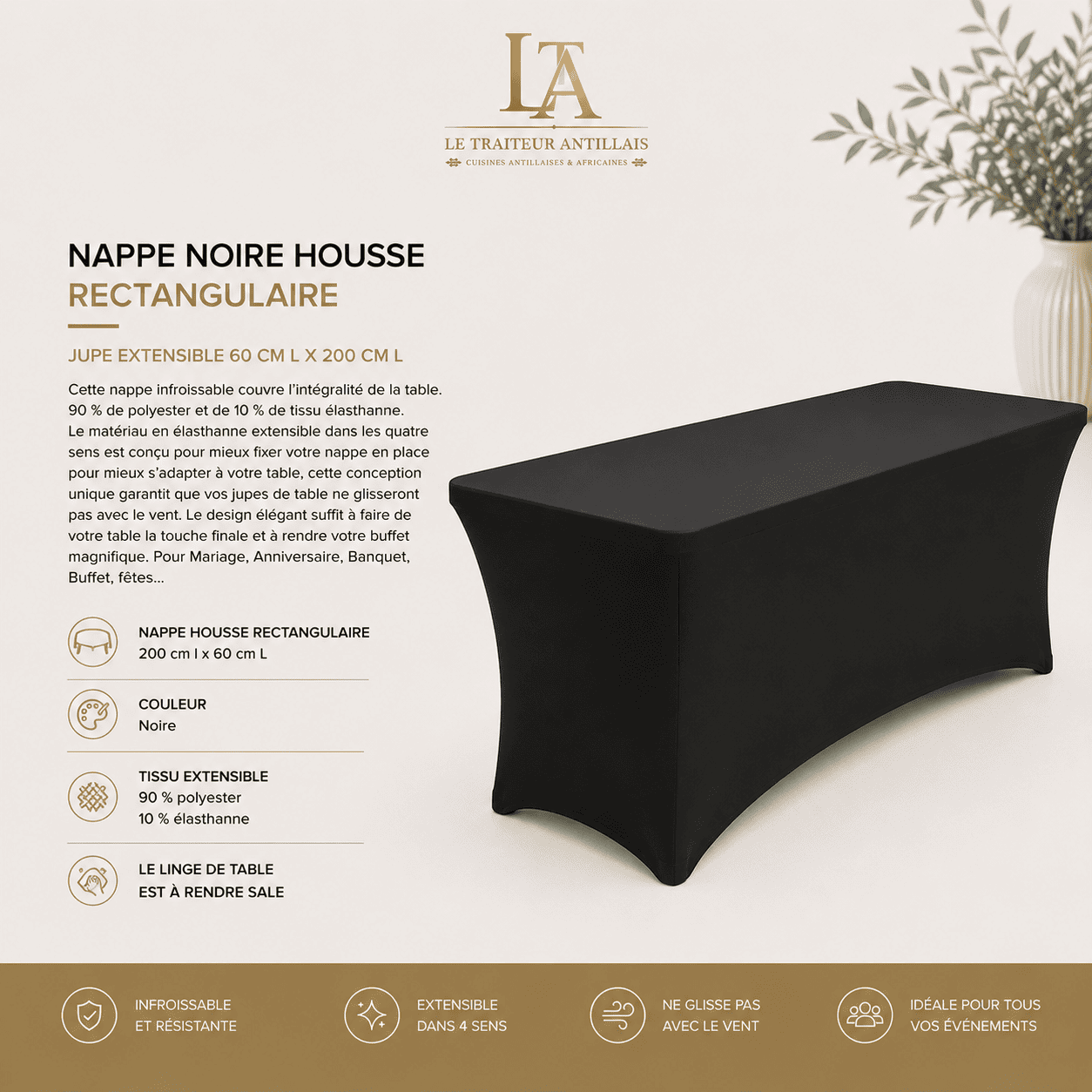 Une nappe noire rectangulaire extensible de 60 cm de largeur sur 200 cm de longueur recouvre élégamment une table rectangulaire ; elle est accompagnée d'un descriptif détaillant ses dimensions, son tissu extensible de haute qualité et ses avantages pratiques. Le fond beige orné de feuilles décoratives met en valeur le logo placé en haut.