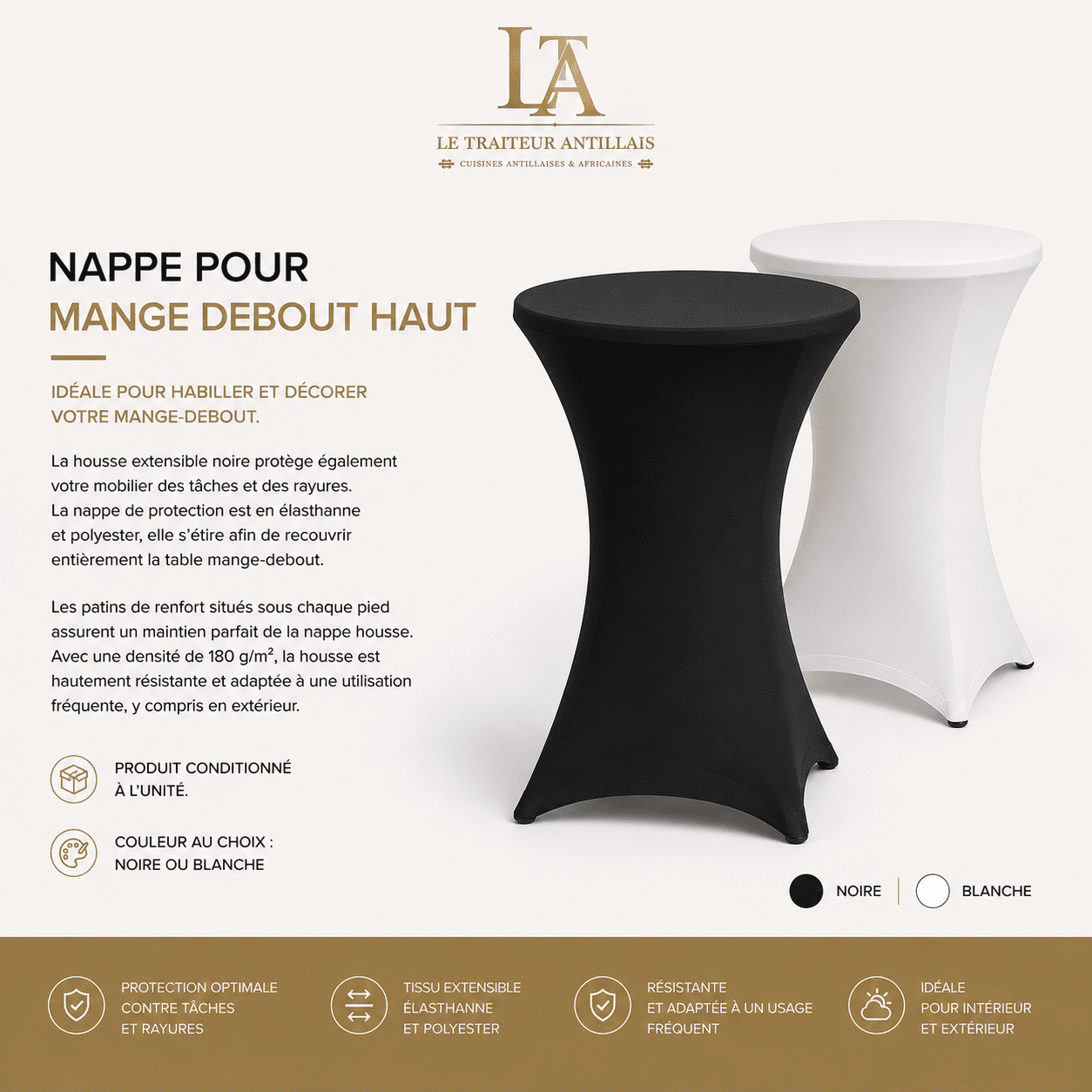 Voici la réécriture demandée : Deux tables hautes sont recouvertes de nappes extensibles ajustées, l’une noire (NAPPE NOIRE POUR TABLE HAUTE) et l’autre blanche, posées devant un fond clair. Un texte en français présente les caractéristiques et les coloris disponibles des nappes de table.