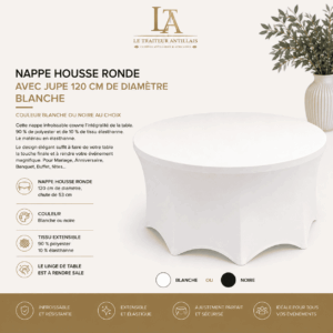 Voici une version remaniée à partir des données produit fournies : La NAPPE HOUSSE RONDE BLANCHE AVEC JUPE de 120 cm de diamètre est présentée sur un fond beige, avec les détails du produit et ses caractéristiques affichés à gauche en français. Des icônes ainsi que les options de couleur apparaissent en dessous.