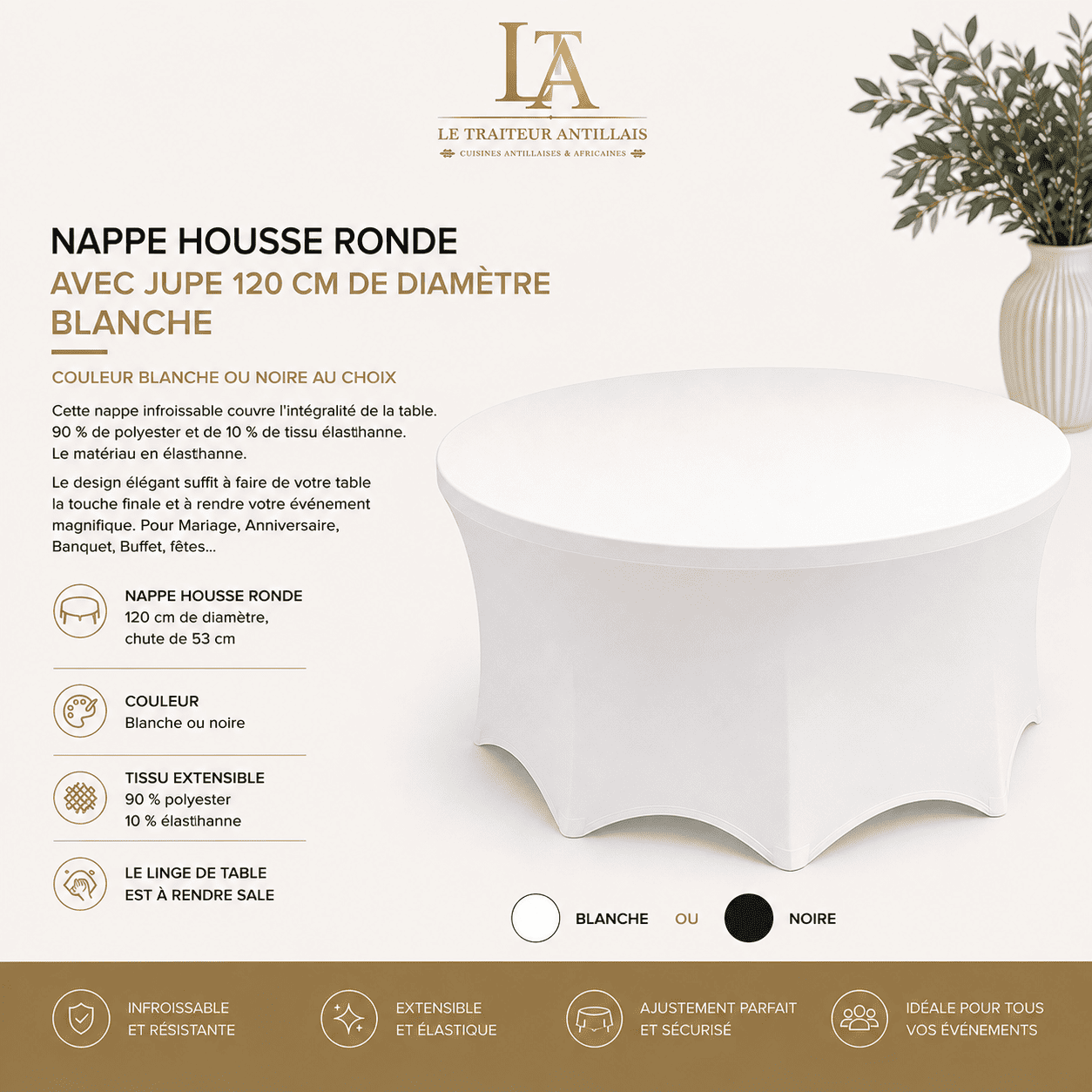 Voici une version remaniée à partir des données produit fournies : La NAPPE HOUSSE RONDE BLANCHE AVEC JUPE de 120 cm de diamètre est présentée sur un fond beige, avec les détails du produit et ses caractéristiques affichés à gauche en français. Des icônes ainsi que les options de couleur apparaissent en dessous.