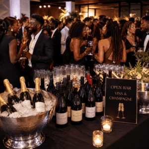 Les invités, vêtus d'élégantes tenues de soirée, discutent lors d'une soirée animée organisée en intérieur. Au premier plan, des bouteilles de vin et de champagne sont disposées sur une table ornée d'une pancarte indiquant « OPEN BAR VINS & CHAMPAGNES (Ne payez que ce que vous consommerez) », accompagnées de verres, de bougies et de seaux à glace.
