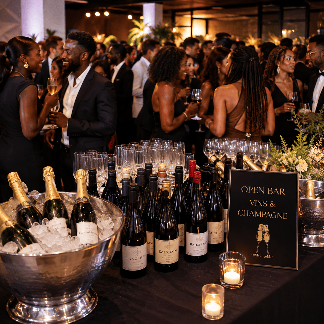 Les invités, vêtus d'élégantes tenues de soirée, discutent lors d'une soirée animée organisée en intérieur. Au premier plan, des bouteilles de vin et de champagne sont disposées sur une table ornée d'une pancarte indiquant « OPEN BAR VINS & CHAMPAGNES (Ne payez que ce que vous consommerez) », accompagnées de verres, de bougies et de seaux à glace.