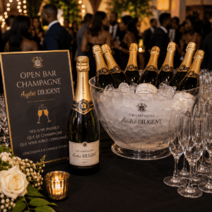 Découvrez un élégant espace « open bar » mettant en avant des bouteilles de CHAMPAGNES EN OPEN BAR (Ne payez que ce que vous consommerez), mises au frais dans un seau à glace, entourées de verres à champagne étincelants, d’une composition florale raffinée, d’une bougie scintillante et d’un panneau présentant l’offre CHAMPAGNES EN OPEN BAR lors de cet événement solennel.