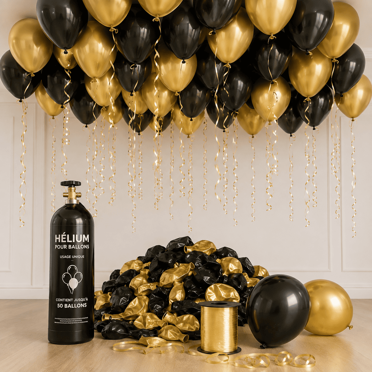 Un lot de 50 ballons et sa bouteille d'hélium (prévoyez 5 à 6 ballons par m² pour recouvrir votre plafond) se trouve à côté d'un tas de ballons noirs et dorés dégonflés, d’une bobine de ruban doré, tandis que d’autres ballons noirs et dorés flottent au plafond, leur ruban doré tombant élégamment depuis les hauteurs.