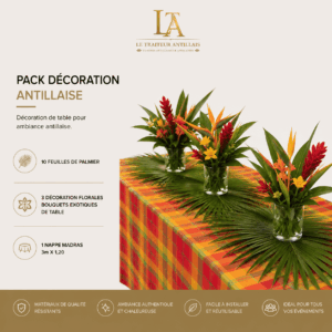 Égayez votre table avec la collection « DÉCORATION ANTILLAISES POUR ANIMATION & BUFFET » : un ensemble de décorations de table aux couleurs vives inspirées des Antilles, composé de feuilles de palmier et de bouquets de fleurs exotiques colorées disposés dans des vases en verre, le tout sur une nappe à carreaux aux teintes vives : rouge, jaune et orange.