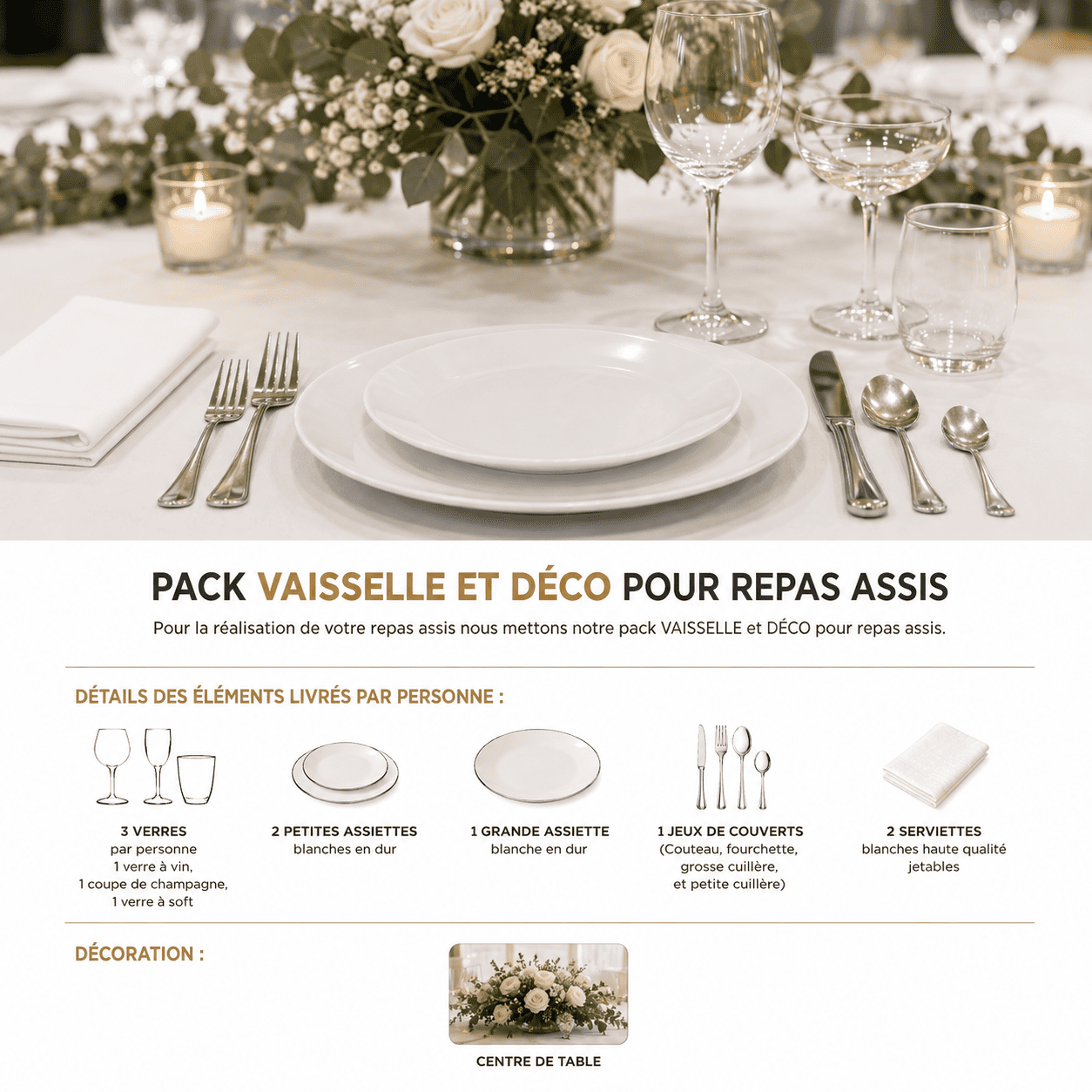 Une table est dressée avec élégance pour un repas formel, avec des assiettes, des verres, des couverts, des serviettes blanches, des bougies et un centre de table floral ; un texte en français décrit le lot « PACK COMPLET VAISSELLE & DÉCO POUR REPAS SERVI À TABLE » comprenant la vaisselle et la décoration.
