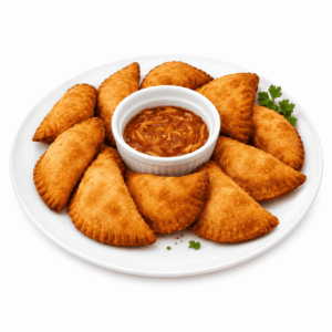 Une assiette blanche sur laquelle sont disposés en cercle des « PASTEL DE POISSON » (commande minimum : 10 pièces) d'un brun doré, autour d'un petit bol de sauce rougeâtre, le tout parsemé de persil.
