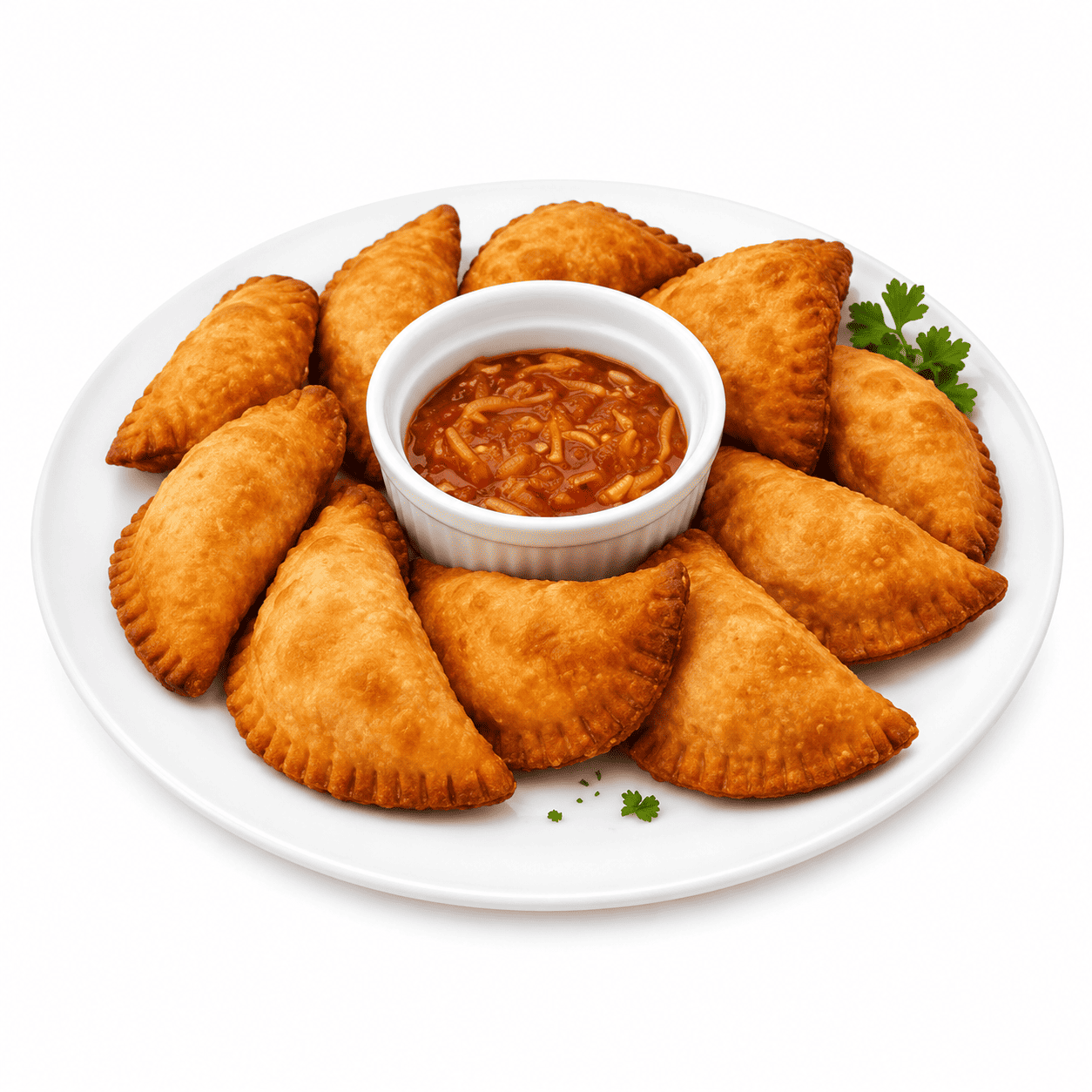 Une assiette blanche sur laquelle sont disposés en cercle des « PASTEL DE POISSON » (commande minimum : 10 pièces) d'un brun doré, autour d'un petit bol de sauce rougeâtre, le tout parsemé de persil.