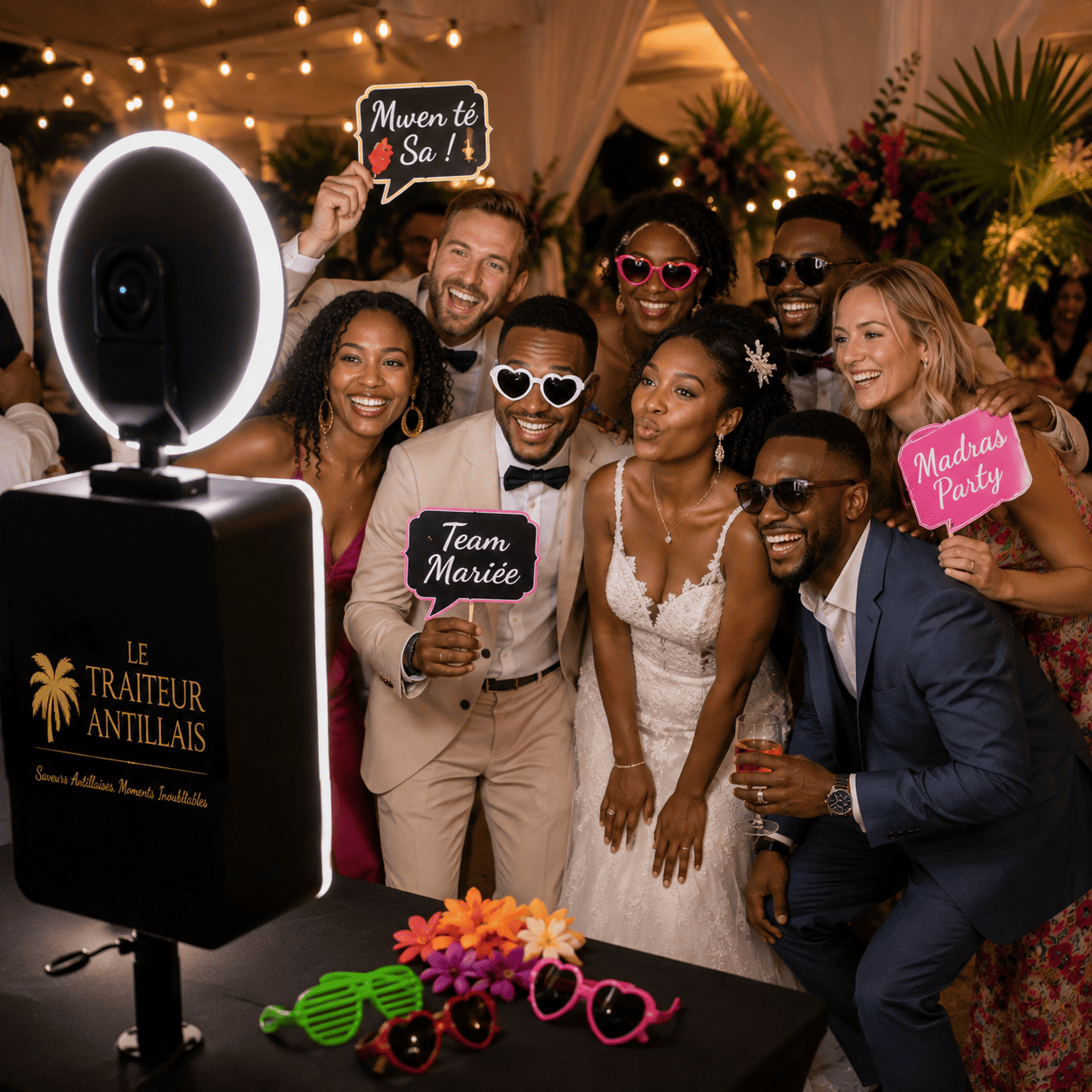 Une joyeuse fête de mariage se rassemble autour du PHOTOBOOTH FIXE (Pour des souvenirs inoubliables à ramener à la maison), prenant des poses enjouées avec des pancartes et des accessoires ludiques. Le groupe, vêtu d'élégantes tenues de cérémonie, sourit à l'objectif devant un décor tropical et des accessoires aux couleurs vives disposés sur la table devant eux.