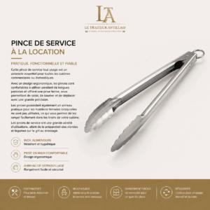 Les « PINCES DE SERVICE » (en location), une paire de pinces de service en acier inoxydable, sont présentées accompagnées d'un texte soulignant leurs avantages en termes de praticité, d'hygiène et d'ergonomie, ainsi que leurs multiples utilisations dans le secteur de la restauration.
