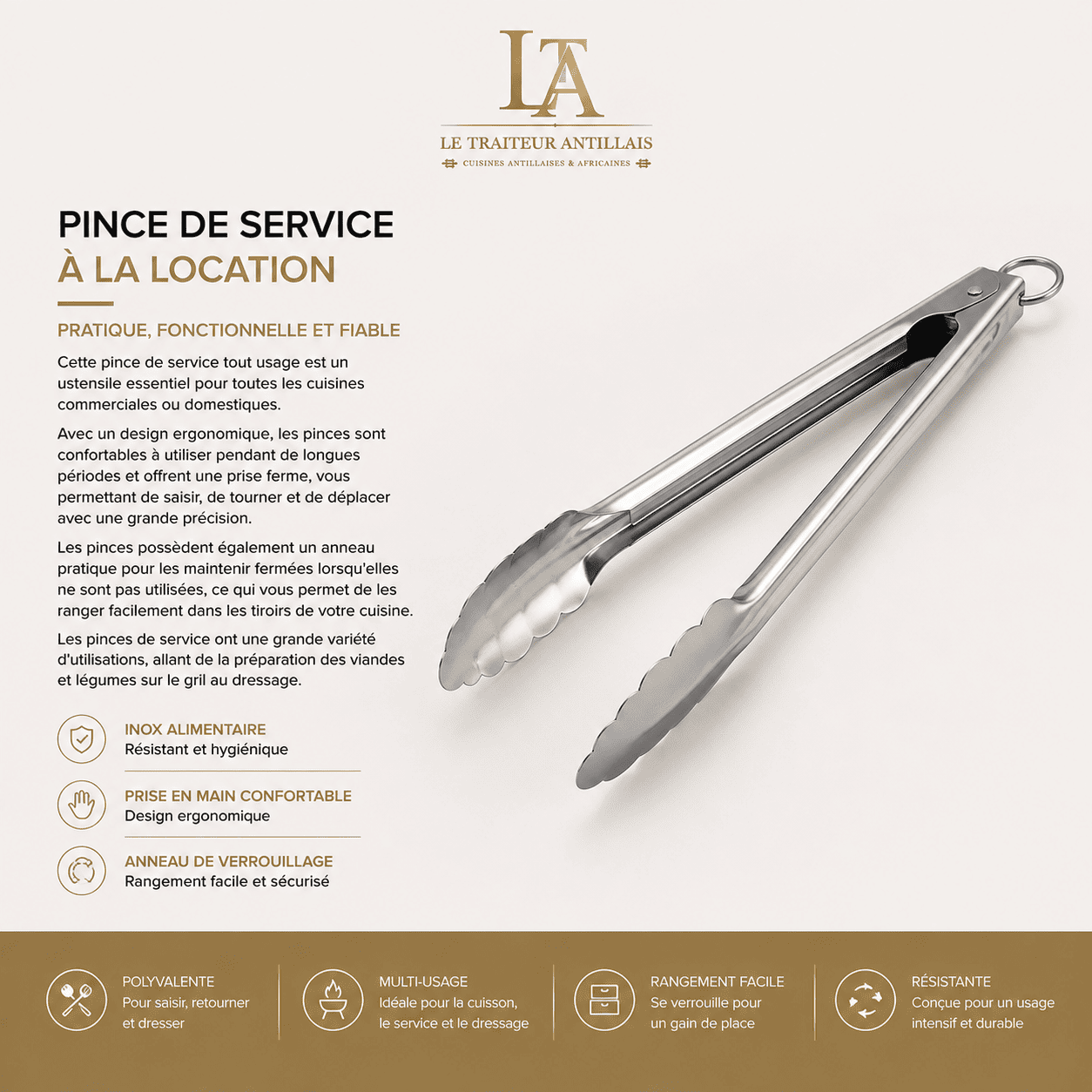 Les « PINCES DE SERVICE » (en location), une paire de pinces de service en acier inoxydable, sont présentées accompagnées d'un texte soulignant leurs avantages en termes de praticité, d'hygiène et d'ergonomie, ainsi que leurs multiples utilisations dans le secteur de la restauration.