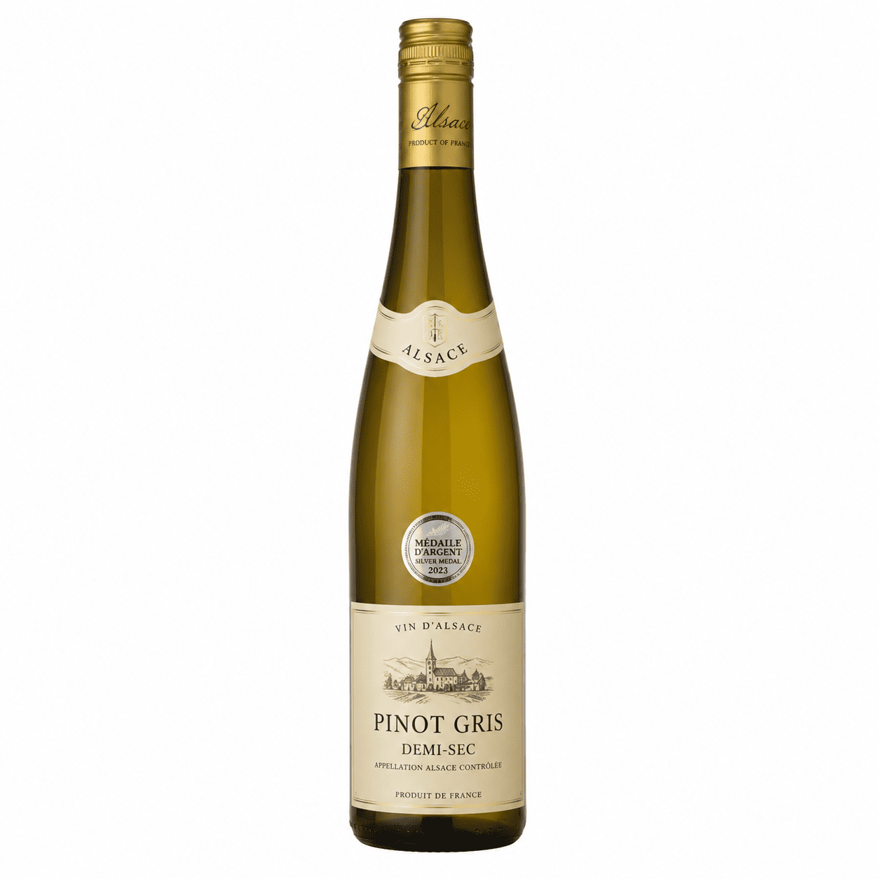 Une bouteille haute et élancée de vin blanc « PINOT GRIS MEDAILLÉ ARGENT AOC » de 75 cl, dotée d’une étiquette dorée, d’un autocollant indiquant la médaille d’argent et d’un bouchon scellé, est posée à la verticale sur un fond blanc.