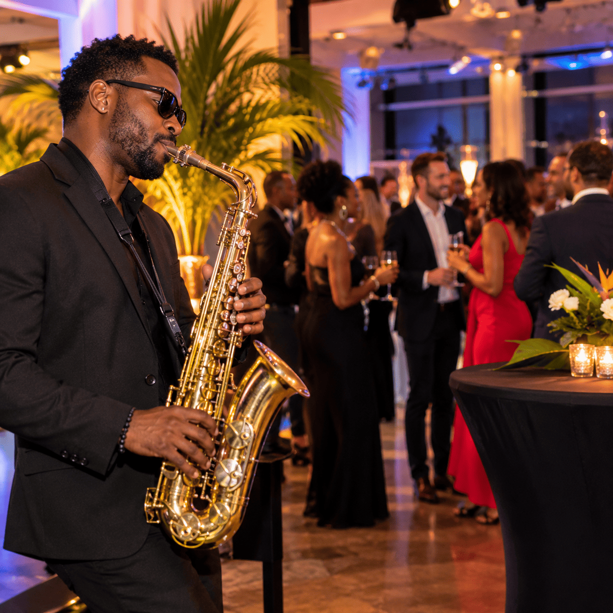 Lors d'un événement raffiné organisé en salle, le SAXOPHONISTE (2 h) (Pour une ambiance élégante et raffinée) se produit tandis que les invités, en tenue de soirée, se mêlent et discutent en arrière-plan.