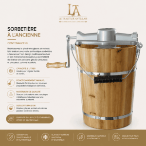 La SORBETIÈRE ANTILLAISE À L’ANCIENNE (en location) est une sorbetière traditionnelle en bois, dotée d’un couvercle et d’une poignée en métal. Avec sa capacité de 6 litres et son fonctionnement manuel, elle est idéale pour préparer des desserts maison lors d’événements. Marque : Le Traiteur Antillais.