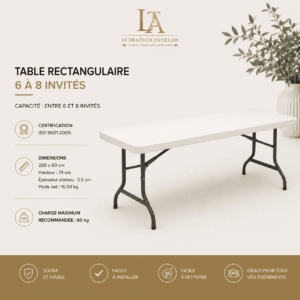 Une table de traiteur rectangulaire de 2 m x 0,60 cm, de couleur blanche avec des pieds en métal noir, idéale pour accueillir 6 à 8 convives. Des icônes mettent en avant sa conception robuste, son montage rapide, sa légèreté et son adaptation aux événements. Le logo de la marque et les caractéristiques techniques du produit sont indiqués.