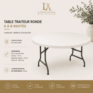 Une table de traiteur ronde de 120 cm, dotée d'un plateau rond blanc et de pieds pliants en métal noir, pouvant accueillir 6 à 8 personnes, est mise en scène sur un fond clair, avec les caractéristiques du produit et des icônes affichées sur les côtés.