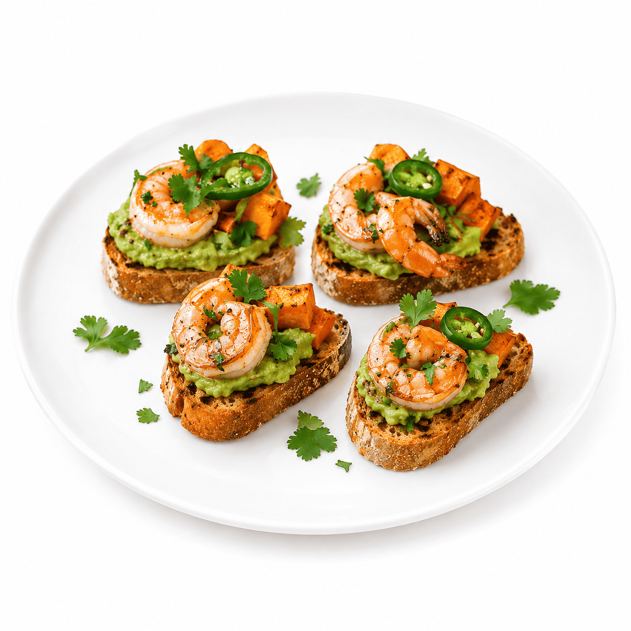Quatre portions de TOAST DE PLANTAIN À L’AVOCAT ET AUX CREVETTES, composées d’avocat écrasé, de crevettes, de cubes de patate douce rôtis, de rondelles de piment jalapeño et de coriandre fraîche, servies sur une assiette blanche et agrémentées d’un supplément de coriandre.