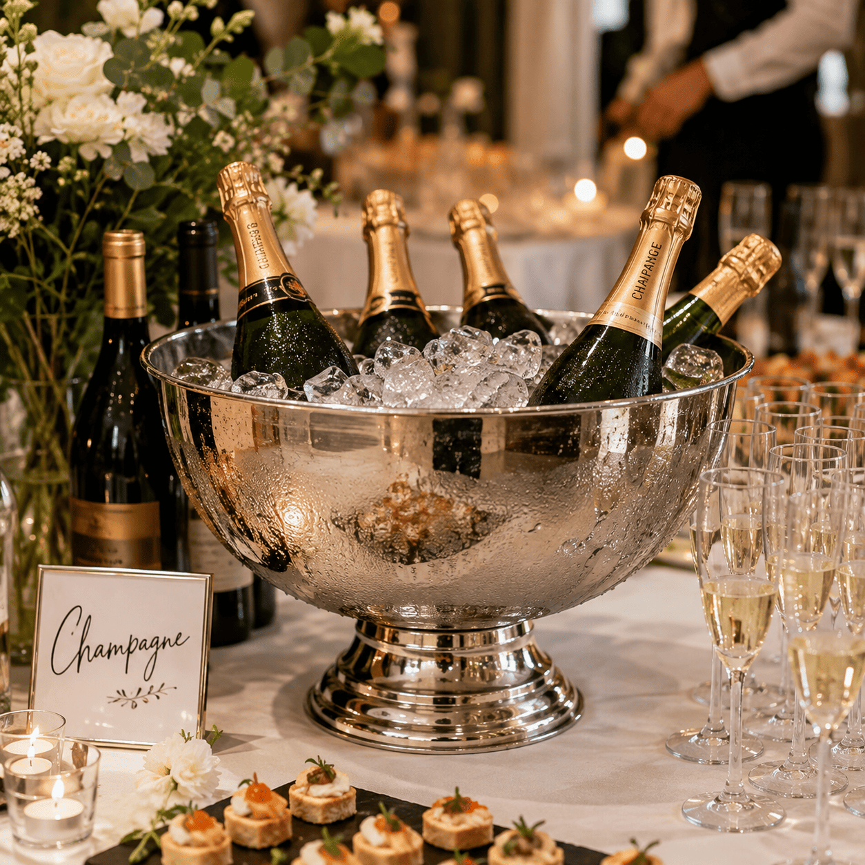 Une vasque à champagne de grand format, remplie de glaçons et de bouteilles de champagne, trône sur une table décorée de verres, de bougies, de fleurs et d'amuse-bouches lors d'un événement raffiné.