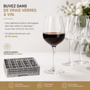 Un présentoir de 36 verres à vin en verre, dont l'un est rempli de vin rouge, est exposé sur une table, accompagné d'un texte en français incitant à louer de vrais verres réutilisables plutôt qu'à utiliser du plastique. Des icônes mettent en avant leur élégance, leur transparence et leur respect de l'environnement.